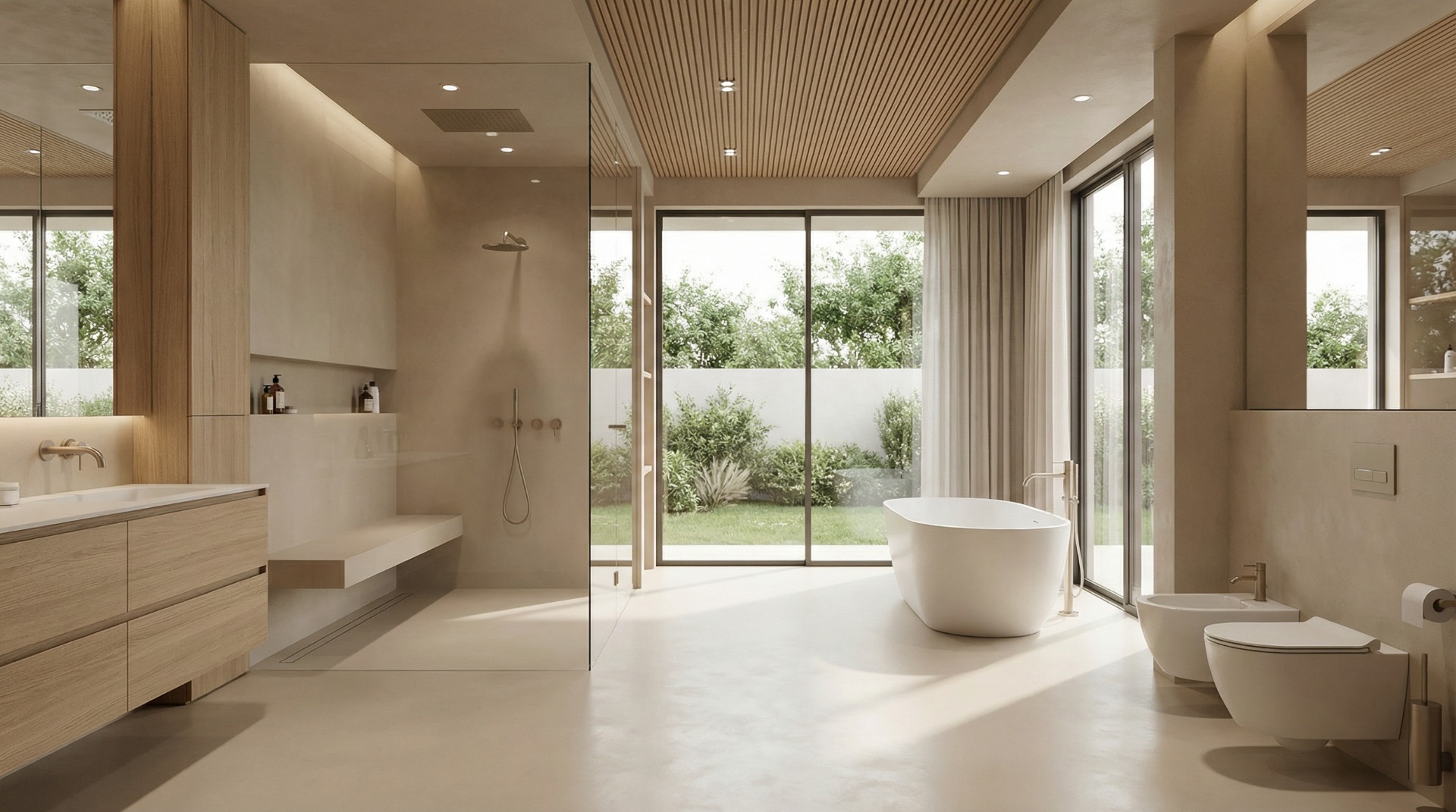 Bezespárová podlaha v koupelně s jemnou matnou strukturou